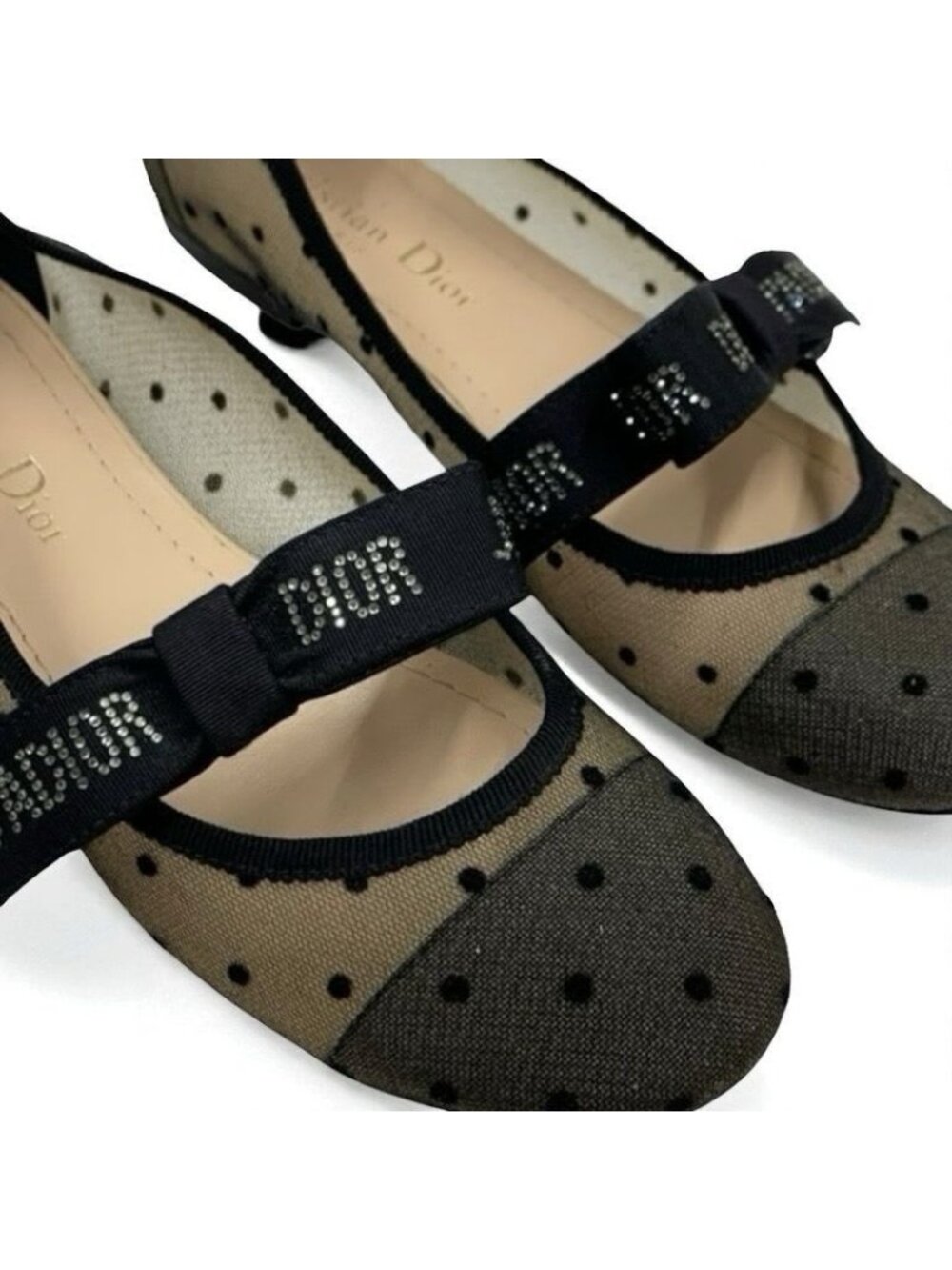 Christian Dior Ja Flat Shoes Mesh Fabric Black Logo Dot Ribbon Rhinestone - Picture 10 of 10